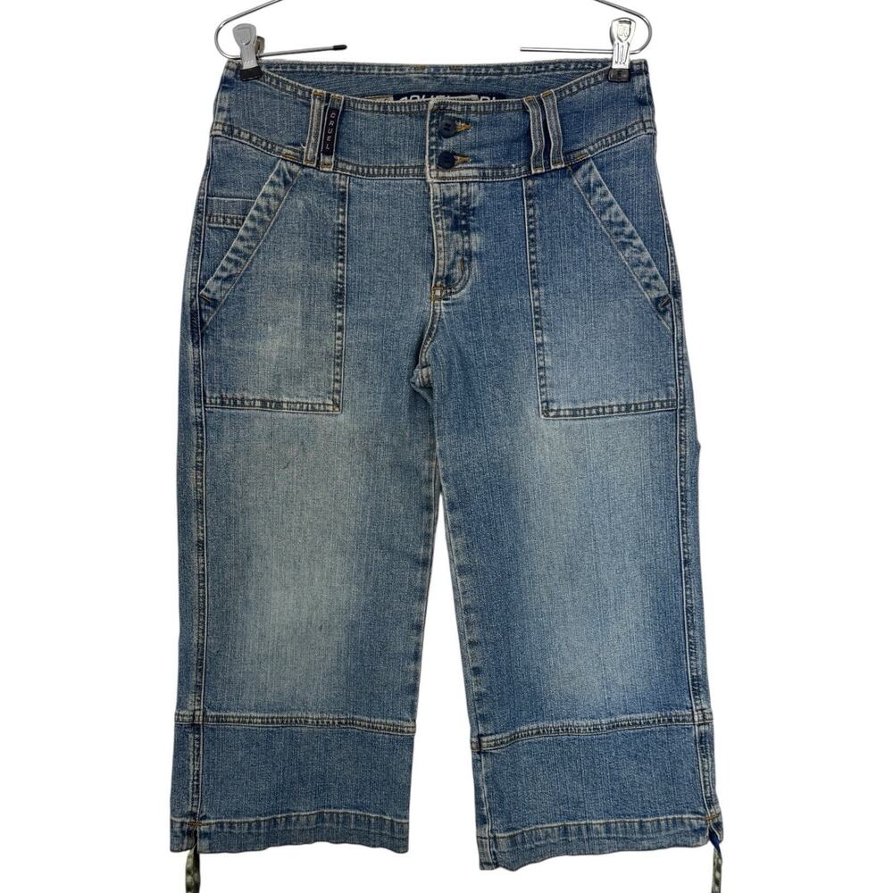 Cruel Girl Wide Leg Crop Jeans Mid Rise Tie Cuff 9 Stretch Skater Retro